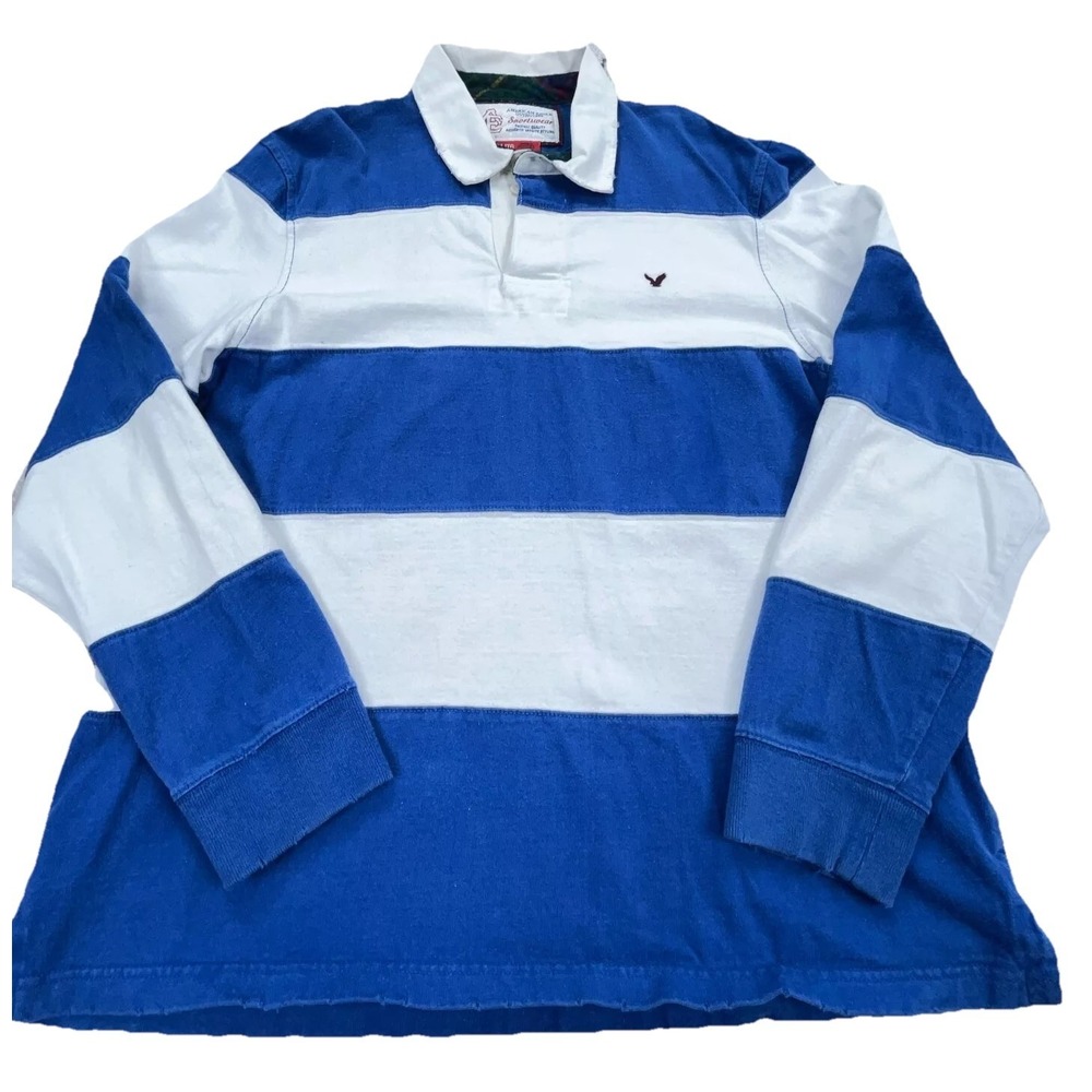 Vintage American Eagle Rugby Shirt Men XL Blue White Striped Retro AEO Adult *